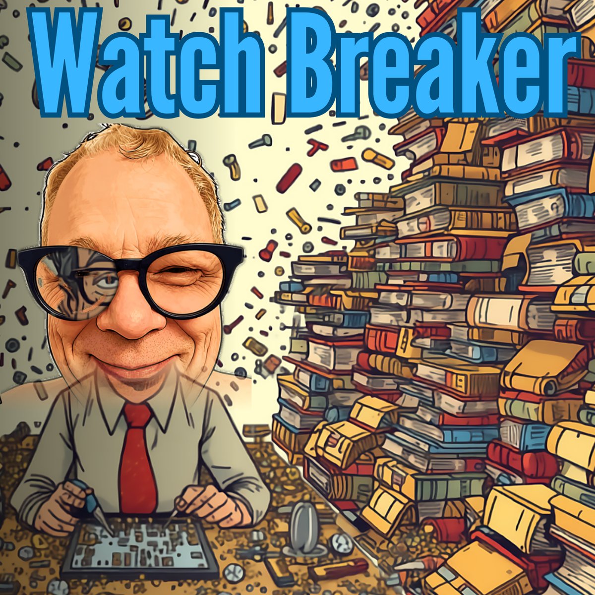 Eddie at the Watch Breaker bench between stacks of Omega catalogues