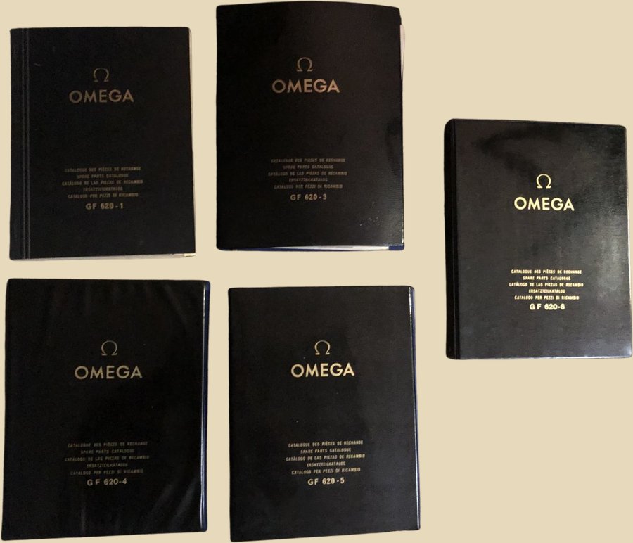 Five black Omega GF 620 spare-parts catalogues with gold lettering
